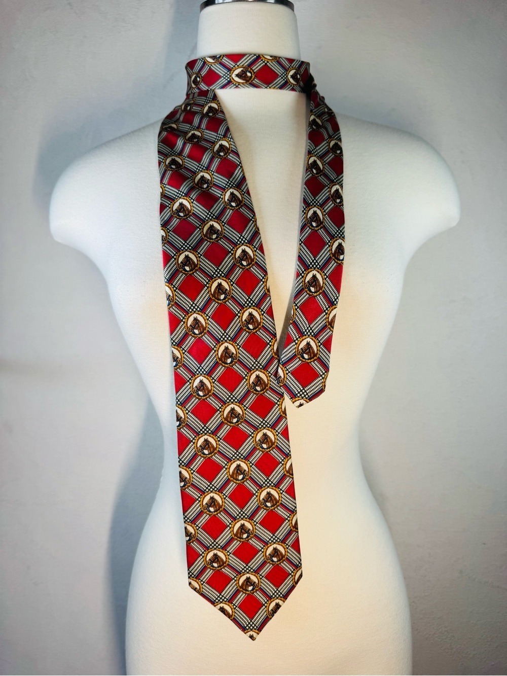 Longchamp Red Plaid Silk Tie with Gold Medallion Motif